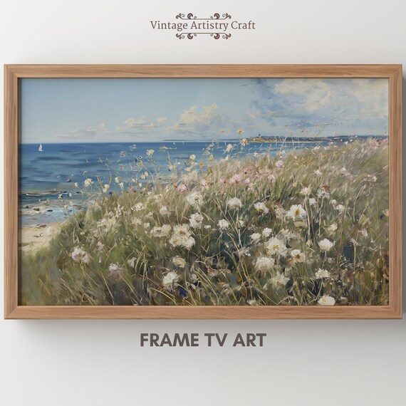 Summer Coastal Wildflower Meadow Ocean Sailboat Vintage Painting Poster