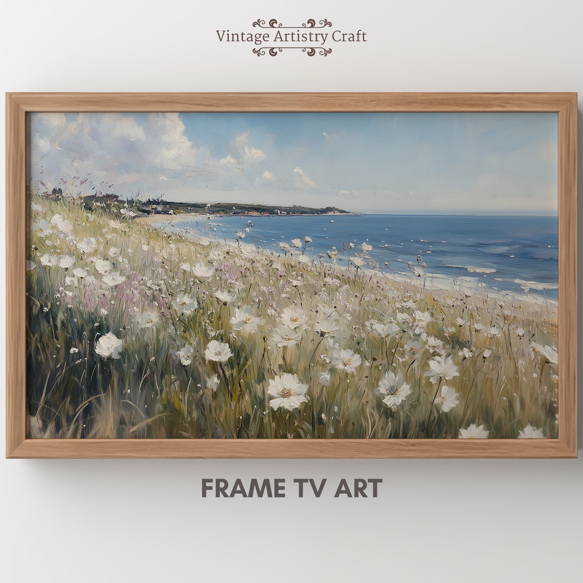 White Daisy Meadow By The Sea Summer Coastal Landscape Poster