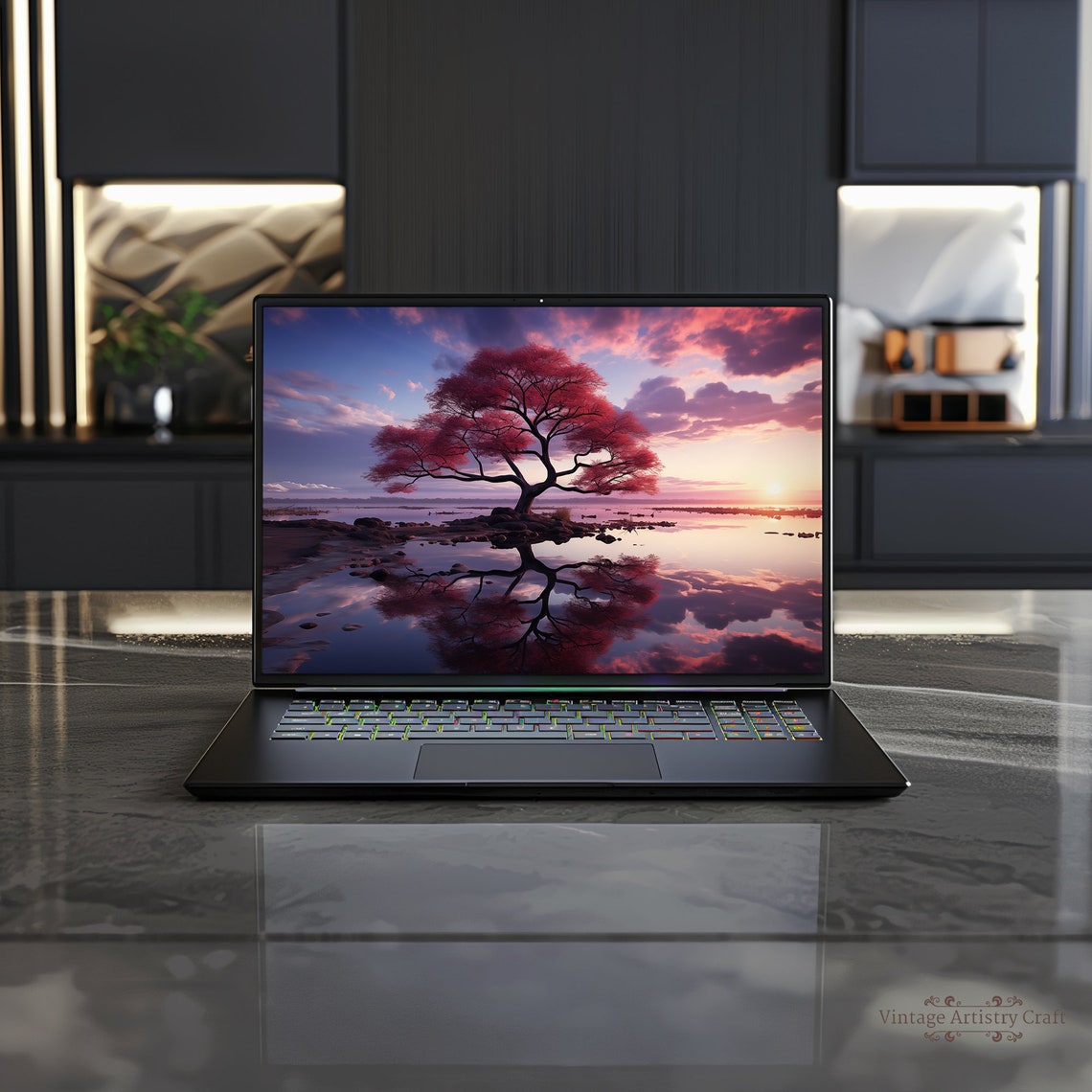 Pink Blossom Tree Sunset Lake Reflection Desktop Wallpaper Poster - Image 5