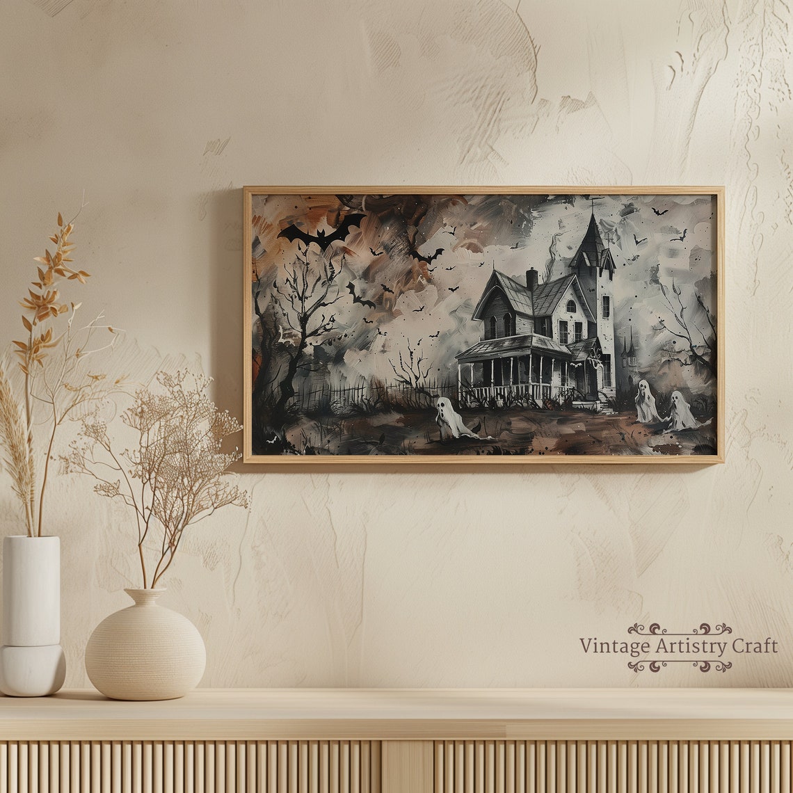 Spooky Haunted House With Ghosts and Bats Vintage Halloween Poster - Image 4