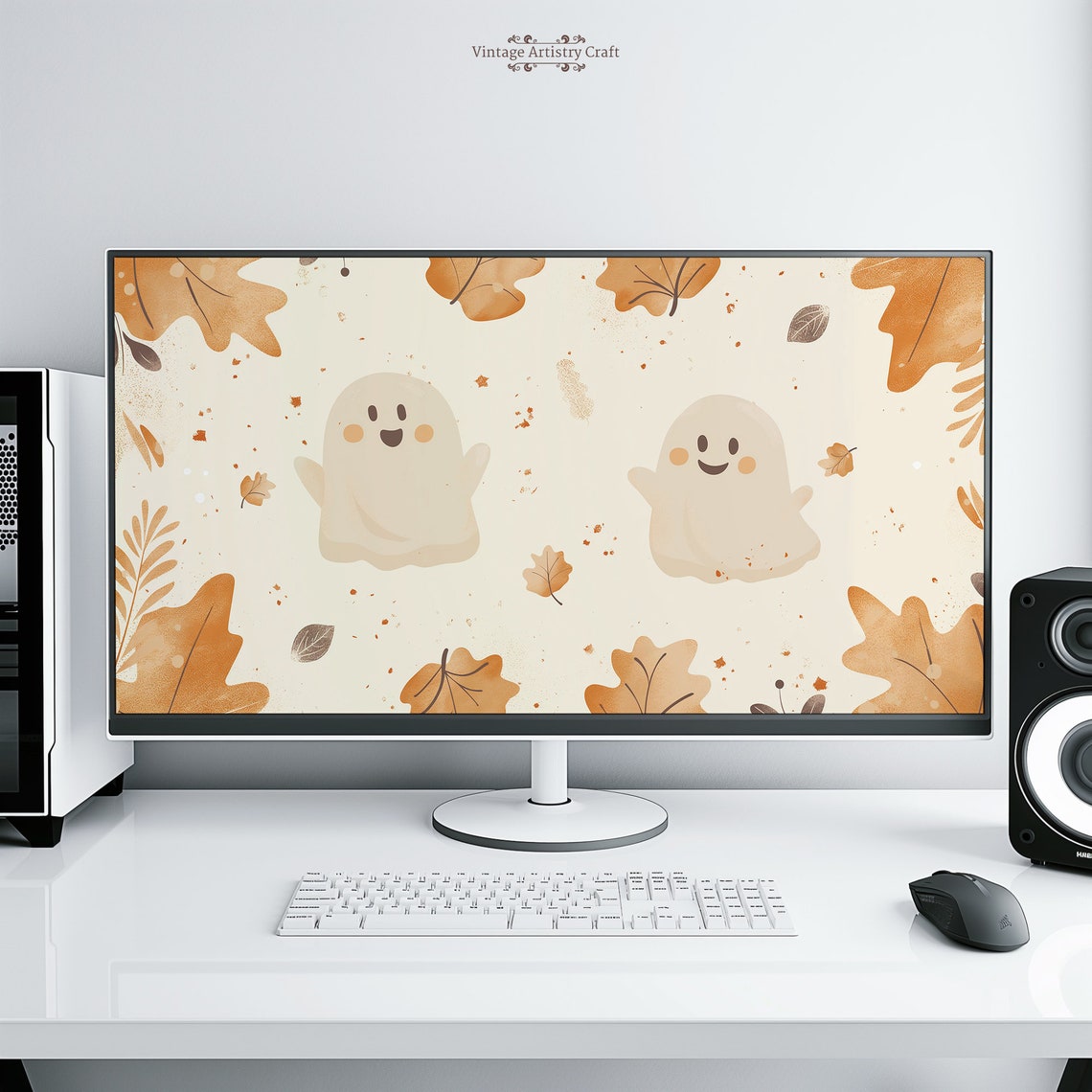 Cute Smiling Ghost Neutral Beige Aesthetic Halloween Desktop Wallpaper 4k Pc Mac Laptop Macbook Minimalist Background Uhd - Image 6