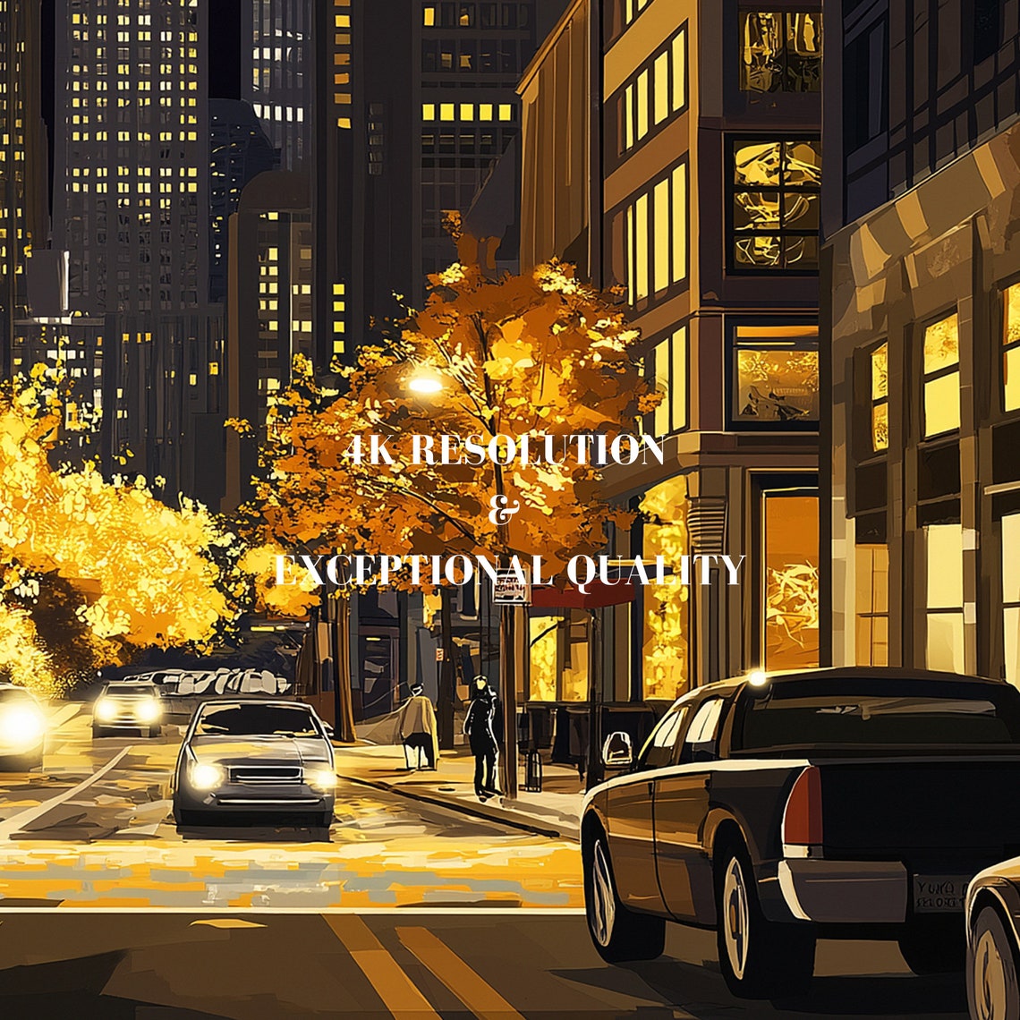 City Night Street Golden Autumn Trees Lit Skyscraper Painting Poster - Image 7