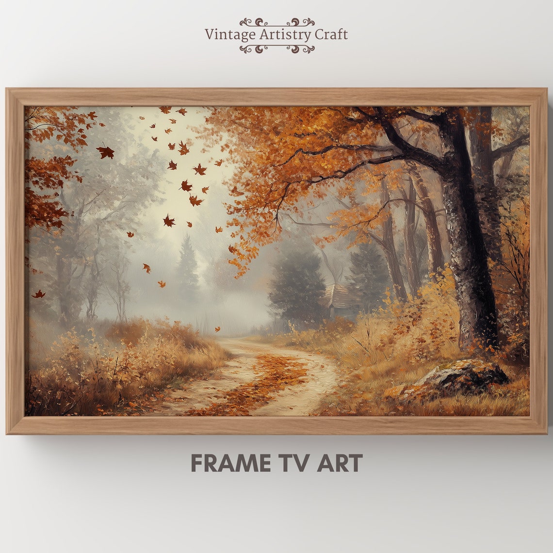Misty Autumn Forest Path Falling Leaves Vintage Oil Painting Poster