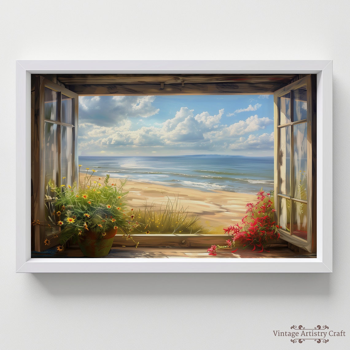 Open Window To Sunny Beach Flower Pots Bright Coastal Poster - Image 3