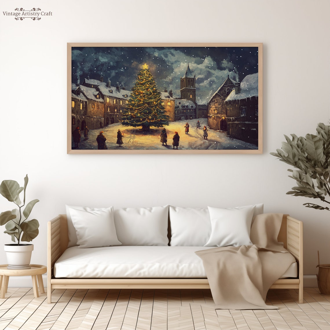 Christmas Tree Star Town Square Snowy Winter Village Night Poster - Image 2