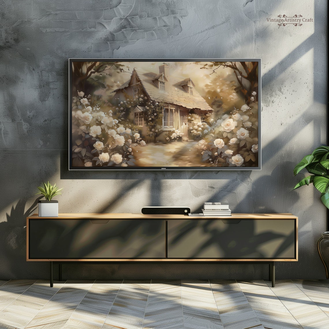 Vintage Cottage Painting Frame Tv Art English Country House Rose Garden Tv Frame Spring Home Decor Oil Painting - Image 4