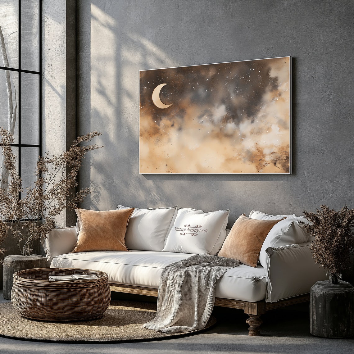 Crescent Moon Golden Cloudy Night Sky Watercolor Dreamy Poster - Image 2