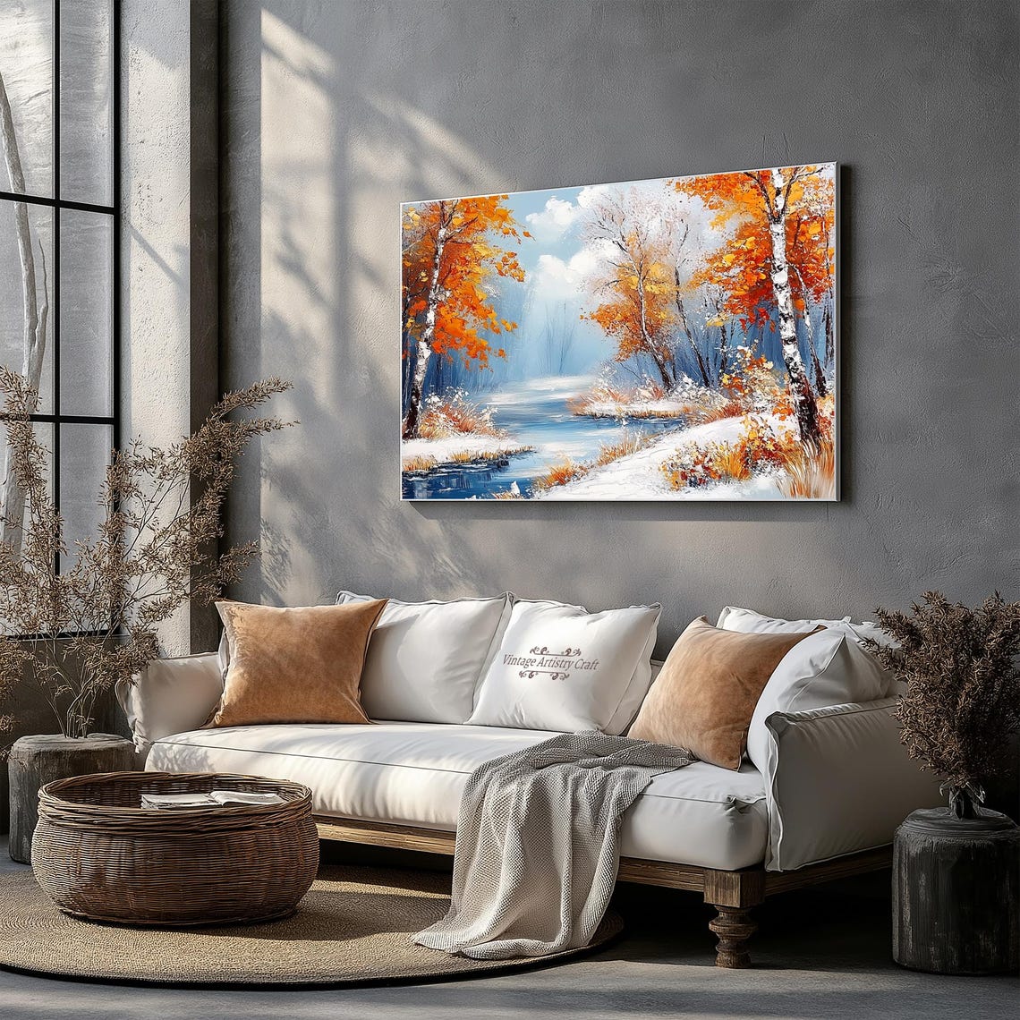 Snowy Birch Forest River Autumn Snow Impressionist Art Poster - Image 2