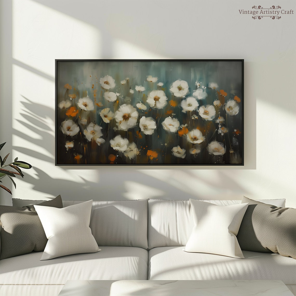 White Wildflowers Navy Background Rustic Summer Meadow Oil Poster - Image 5