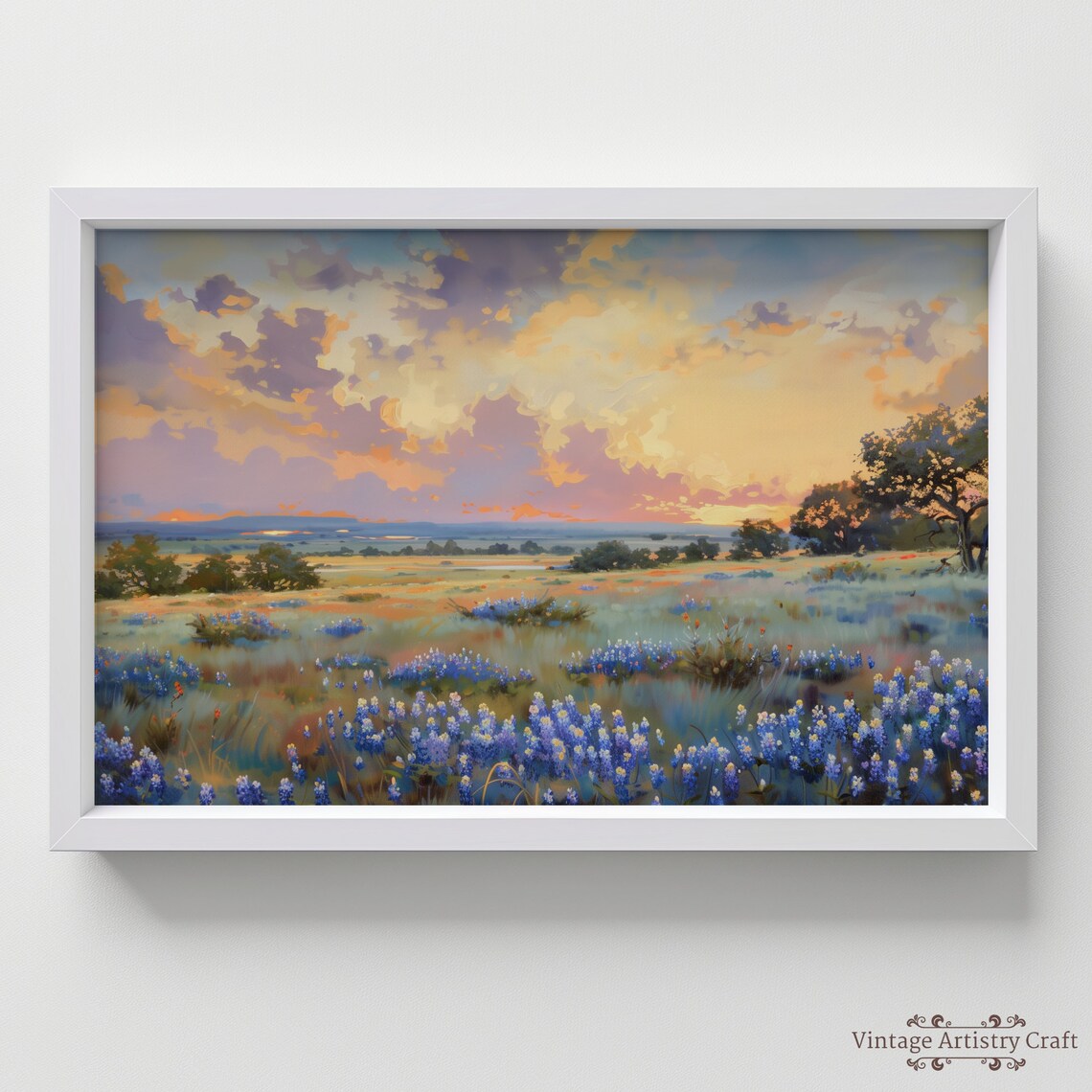 Bluebonnet Wildflower Meadow At Sunset Landscape Painting Poster - Image 5