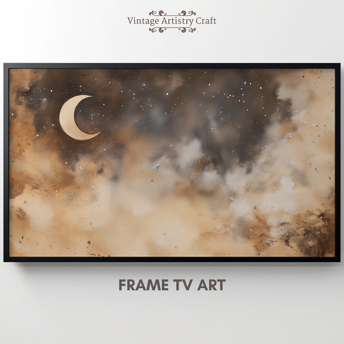 Crescent Moon Golden Cloudy Night Sky Watercolor Dreamy Poster
