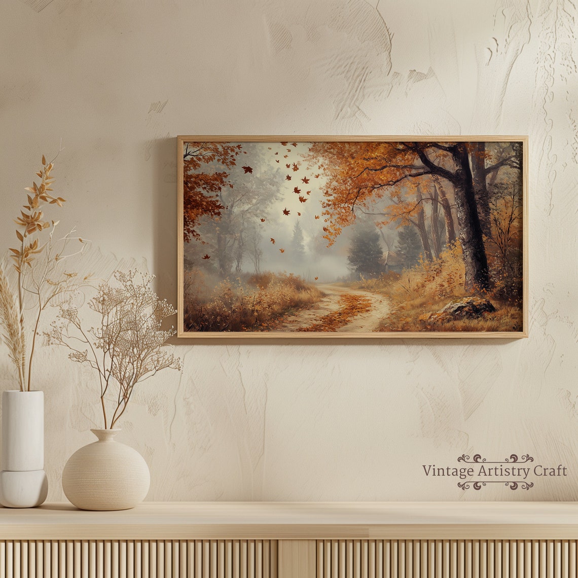 Misty Autumn Forest Path Falling Leaves Vintage Oil Painting Poster - Image 7