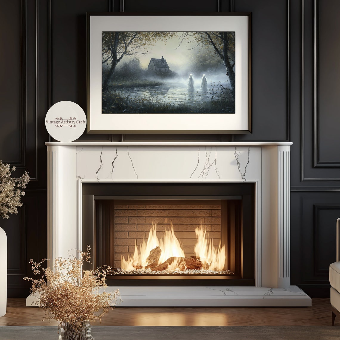Misty Pond Cottage With Two Ghosts Eerie Water Landscape Poster - Image 5