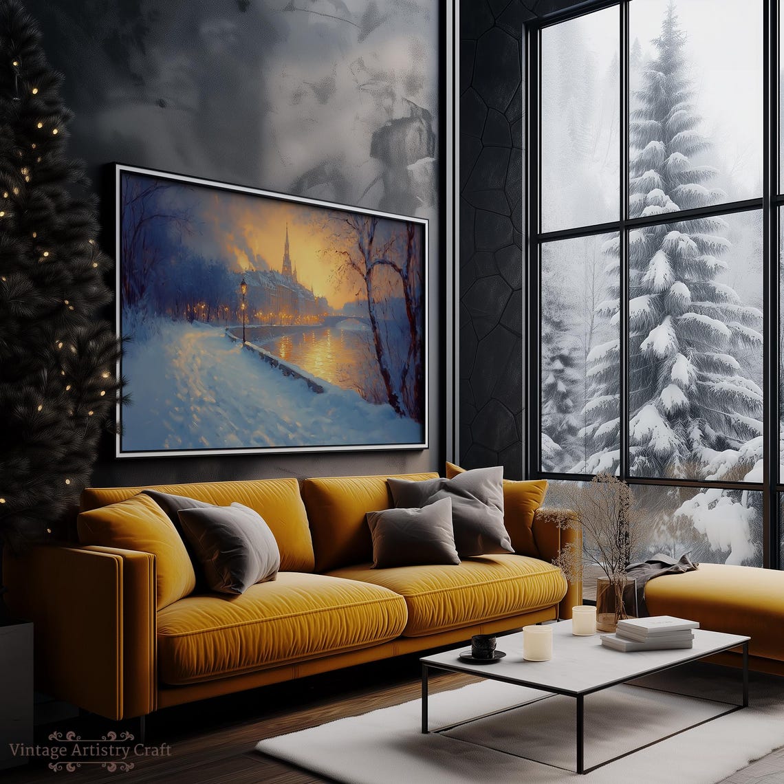 Snowy River Town Golden Sunset Glow Impressionist Winter Poster - Image 3