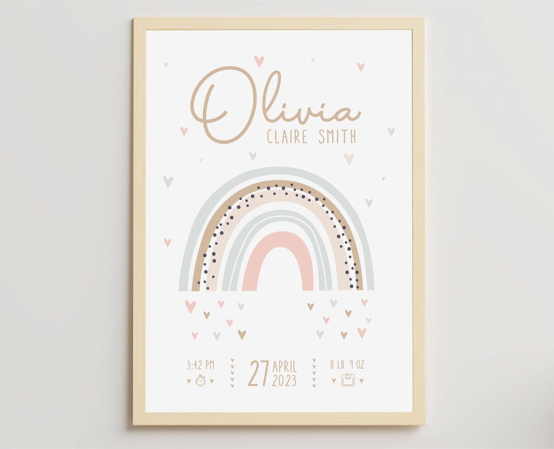 Baby Birth Stats Rainbow Name Design Newborn Keepsake Nursery Poster