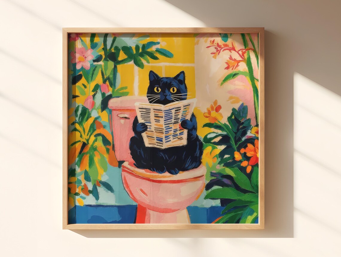 Black Cat Reading a Newspaper on a Pink Toilet Tropical Fun Poster - Image 3