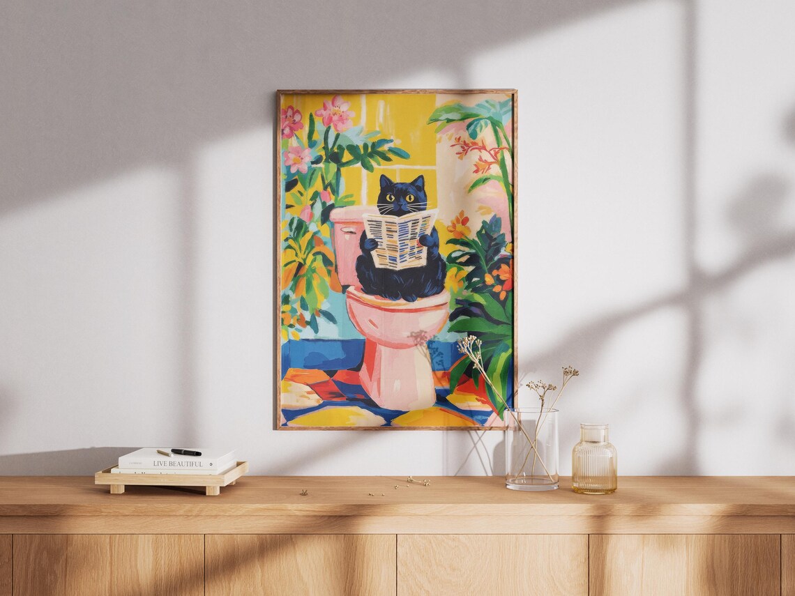 Black Cat Reading a Newspaper on a Pink Toilet Tropical Fun Poster - Image 2