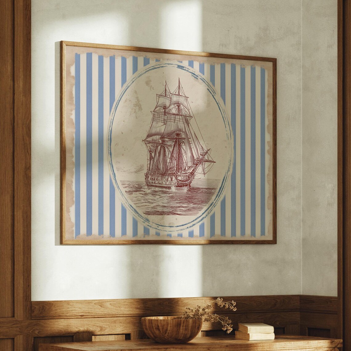 Vintage Sailing Ship Engraving Nautical Stripes Coastal Poster