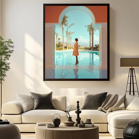 Retro Poolside Arch Wall Art Glam Resort View Print Upscale Summer Airbnb Decor