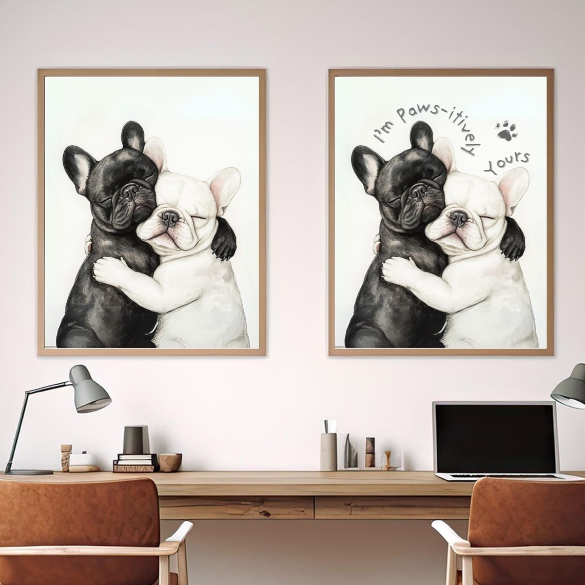 French Bulldog Hugging Pair Paws-itively Yours Funny Pun Poster
