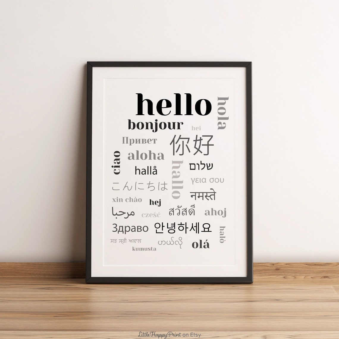 Hello In Many Languages Word Cloud Black Typography Entryway Poster
