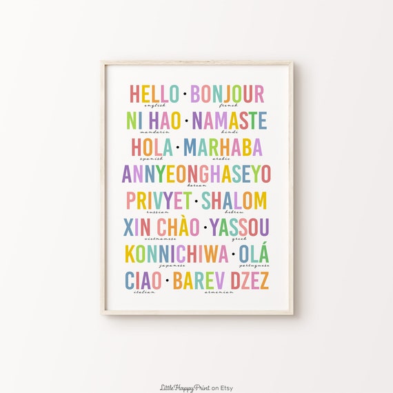 Hello In Different Languages Print Colourful Rainbow Typography Nursery Classroom Entryway Home Decor Office Poster Instant Download