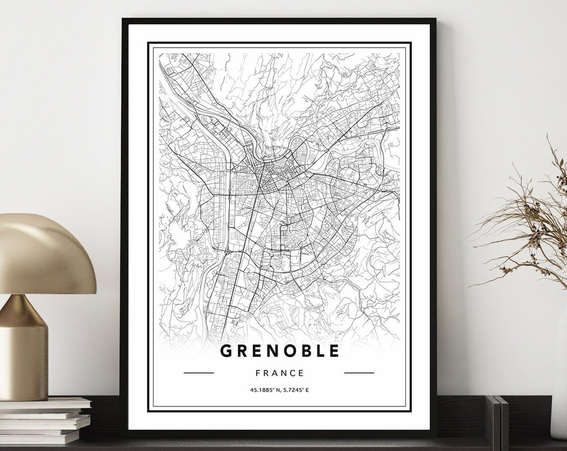 Grenoble France Minimalist Street Map Black White Art Poster