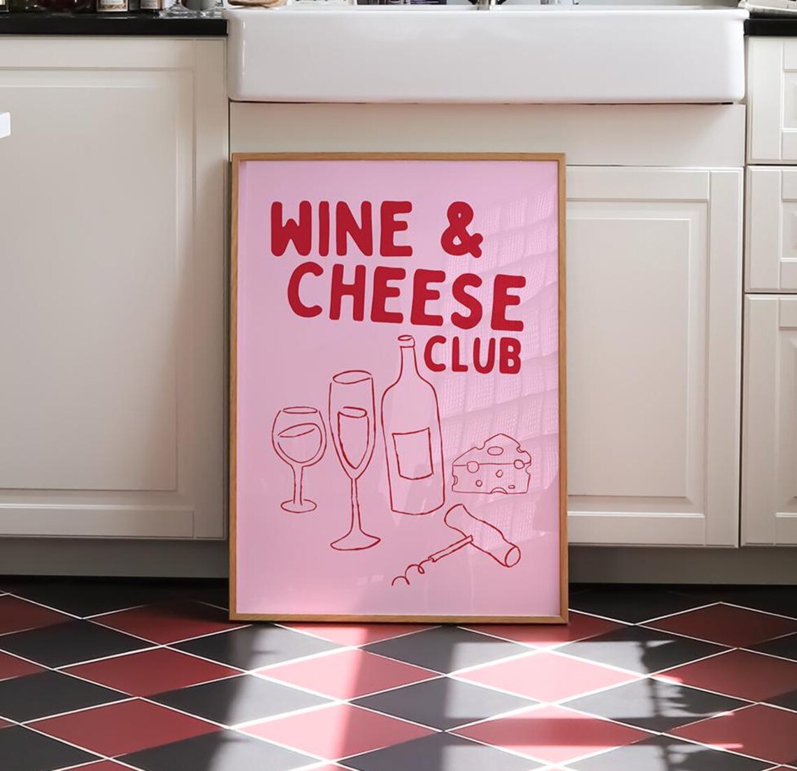 Wine And Cheese Club Red Pink Hand Lettered Kitchen Bar Cart Poster Art - Image 3