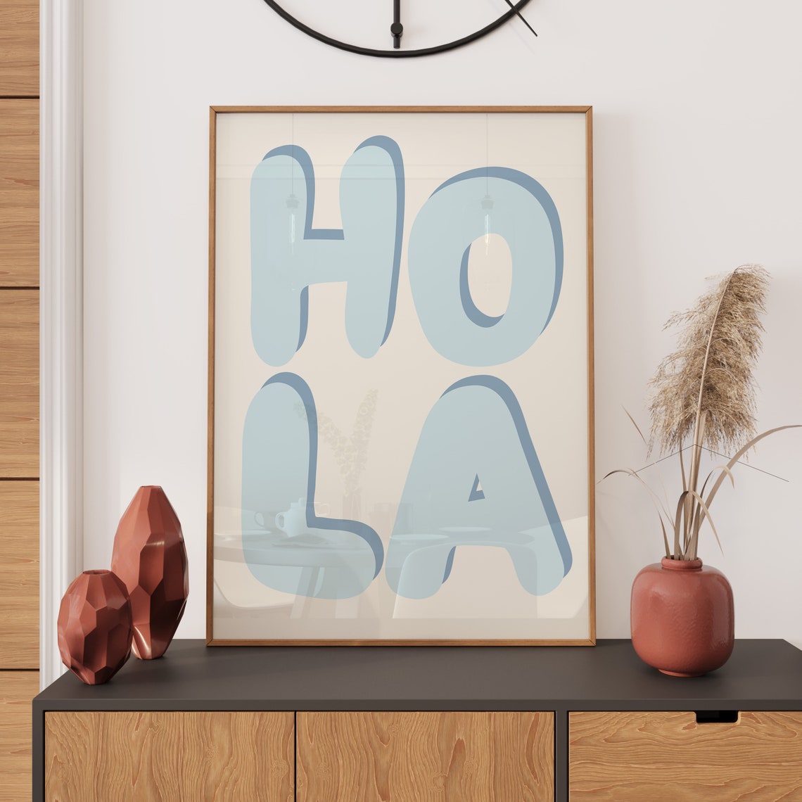 HOLA Light Blue Bubble Letter Typographic Greeting Wall Poster - Image 3