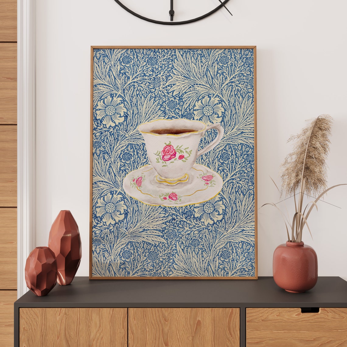 Vintage Teacup Rose Floral Blue Morris Style Botanical Kitchen Poster - Image 2