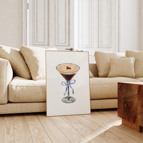 Espresso Martini Watercolor With Blue Bow Girly Cocktail Bar Cart Poster