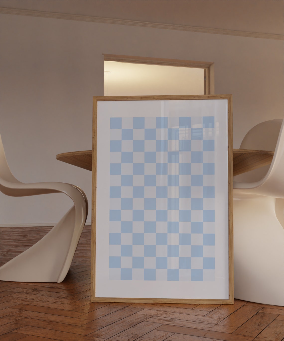Light Blue Checkered Pattern Preppy Retro Aesthetic Wall Art - Image 2