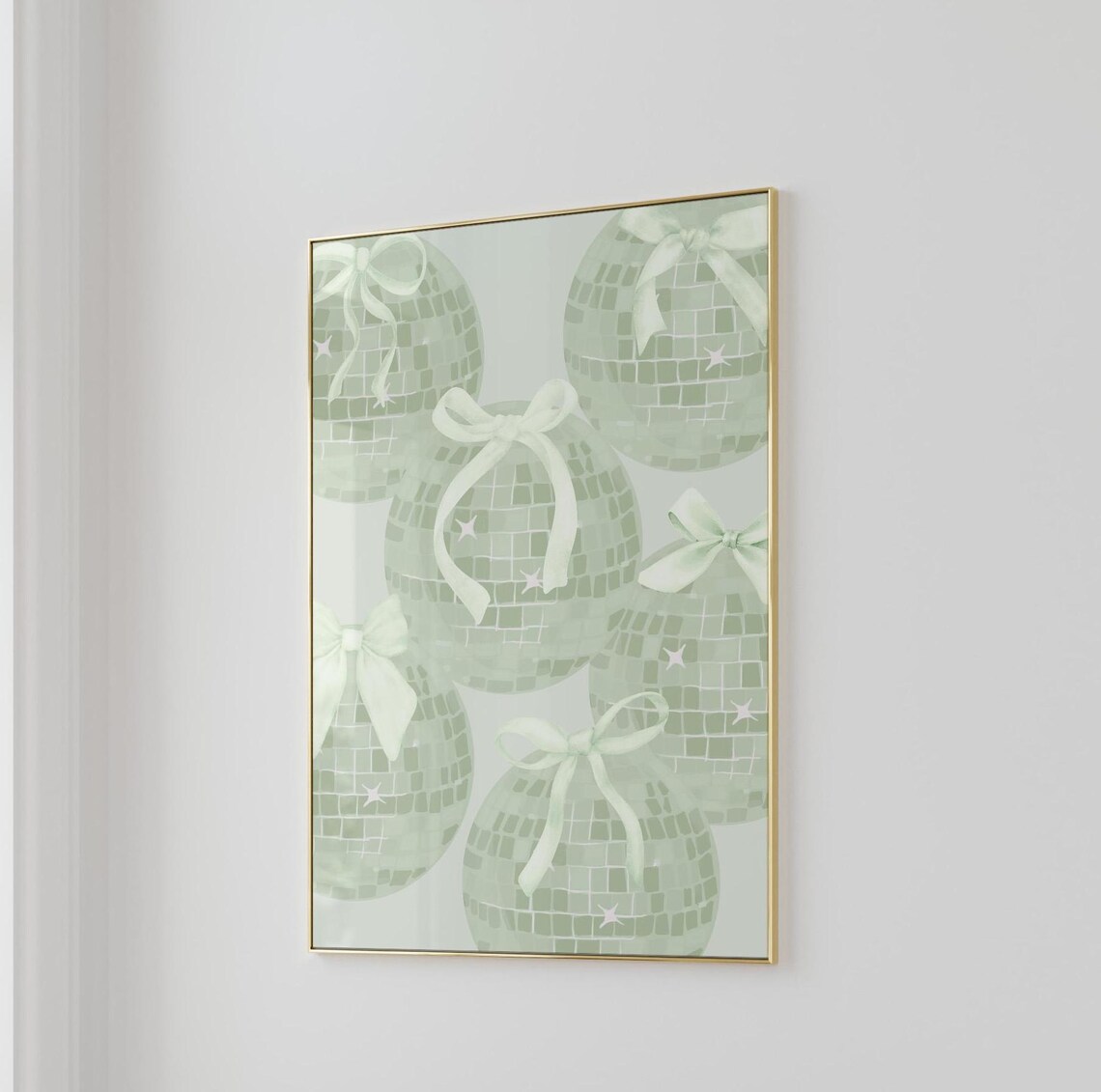 Sage Green Disco Ball With White Bows Trendy Aesthetic Party Wall Art - Image 2