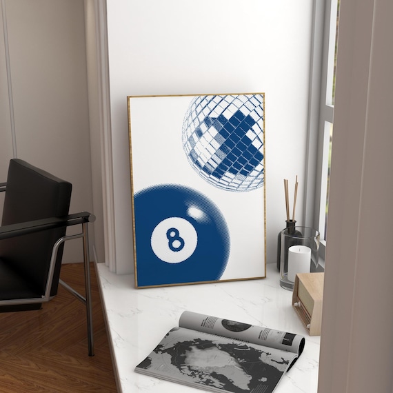 Navy Blue Eight Ball and Disco Ball Retro Dorm Room Decor Poster