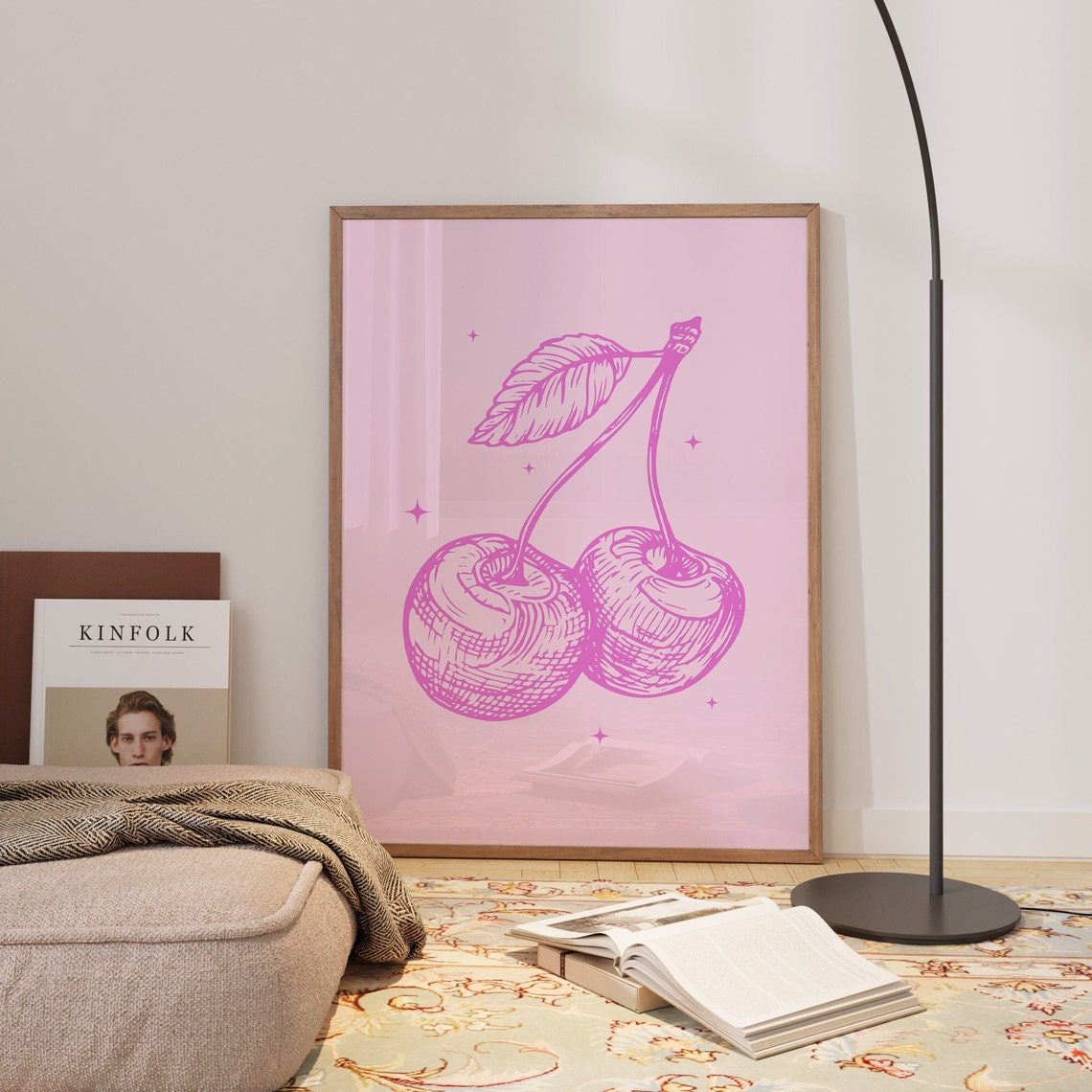 Pink Cherry Vintage Etching Style Retro Preppy Kitchen Fruit Poster