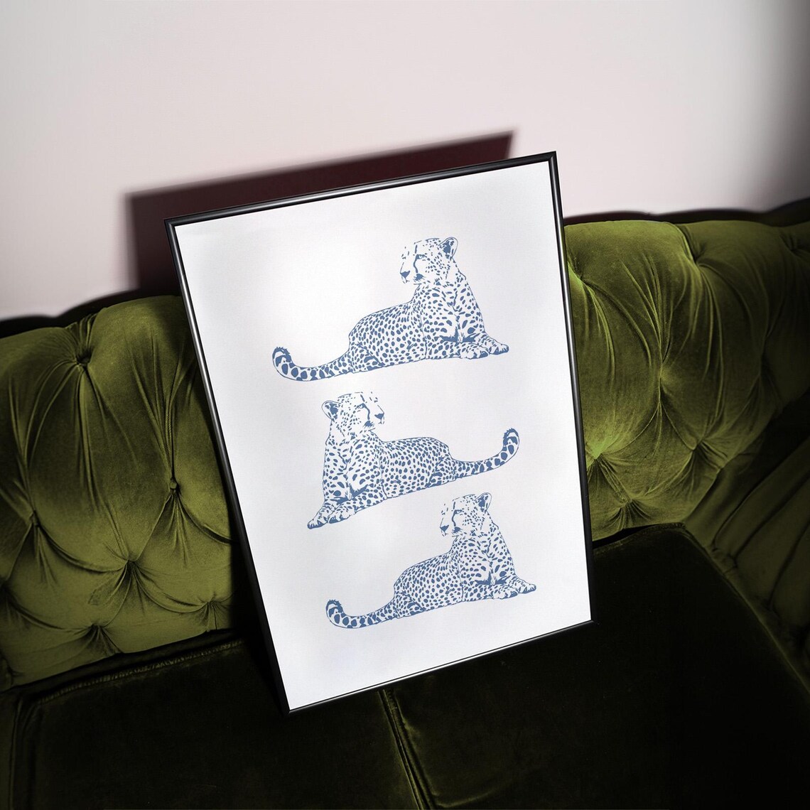 Navy Blue Cheetah Trio Chic Reclining Safari Line Art Poster - Image 4