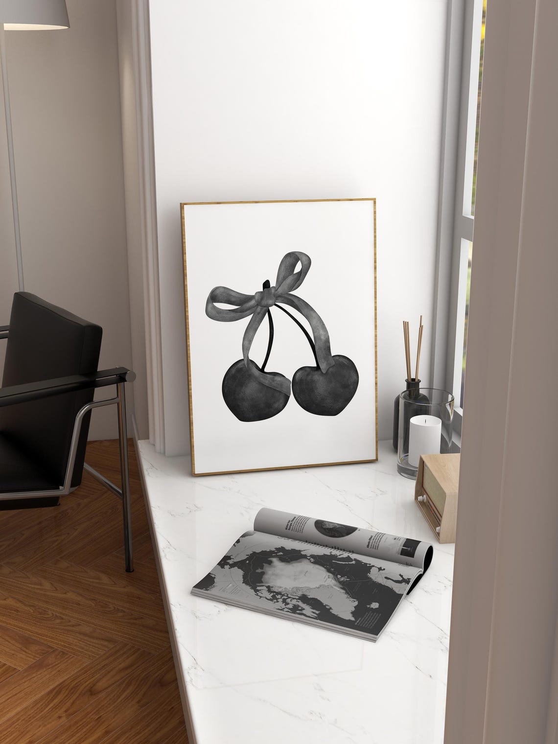 Black Cherries With Bow Moody Watercolor Monochrome Art Poster - Image 2