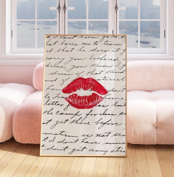Trendy Art Prints 70s Style Wall Kiss Lips Print Red Black Poster Preppy Dorm Newspaper Fashion