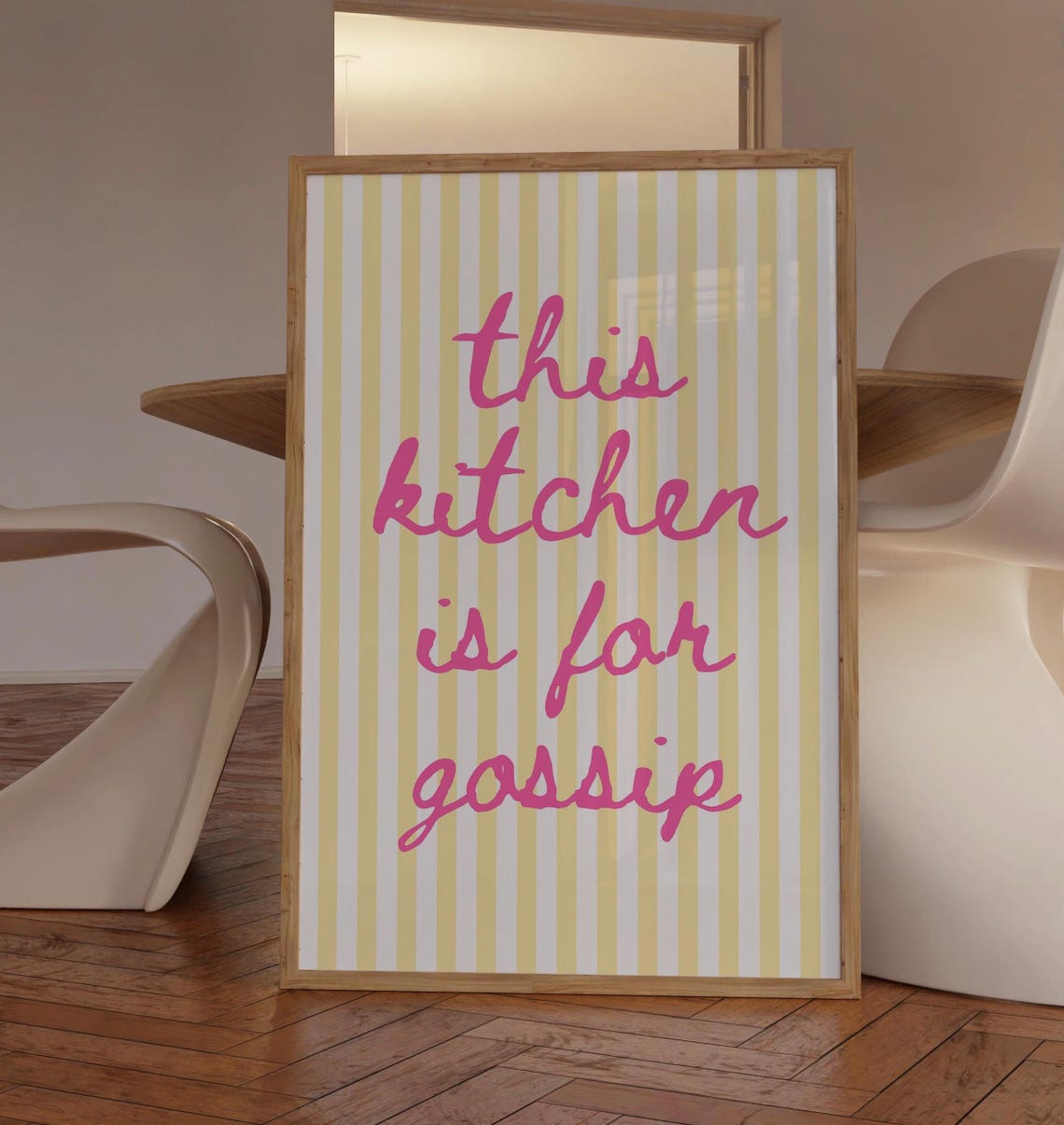 This Kitchen Is For Gossip Pink Script Striped Fun Quote Poster