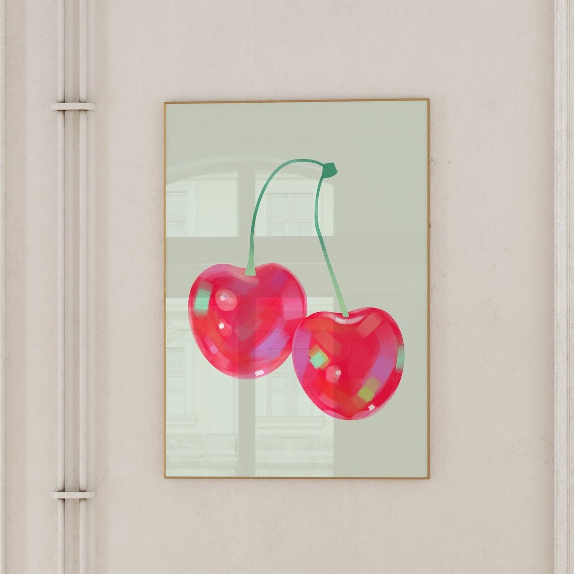 Glossy Red Cherries Fruit Illustration Cherry Pair Trendy Wall Art