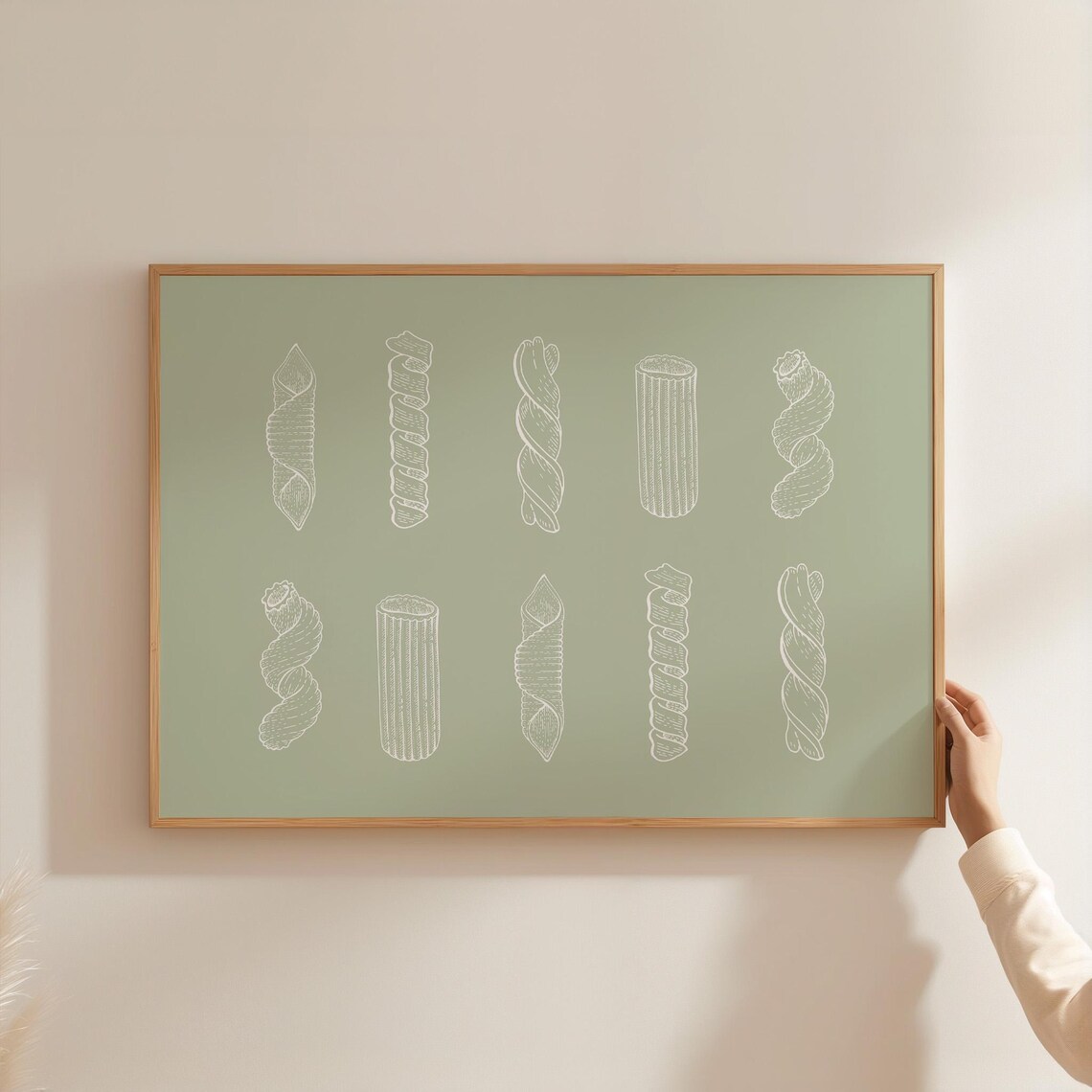 Sage Green Pasta Shapes White Line Art Modern Kitchen Poster
