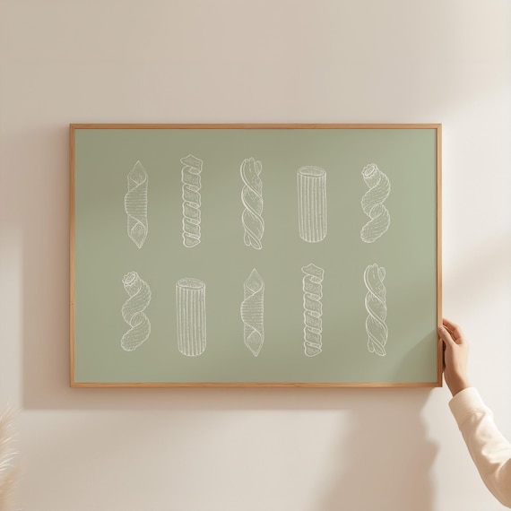 Sage Green Pasta Shapes White Line Art Modern Kitchen Poster