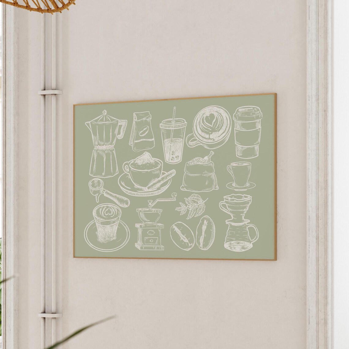 White Line Coffee Collage Sage Green Kitchen Bar Sketch Art Poster - Image 2