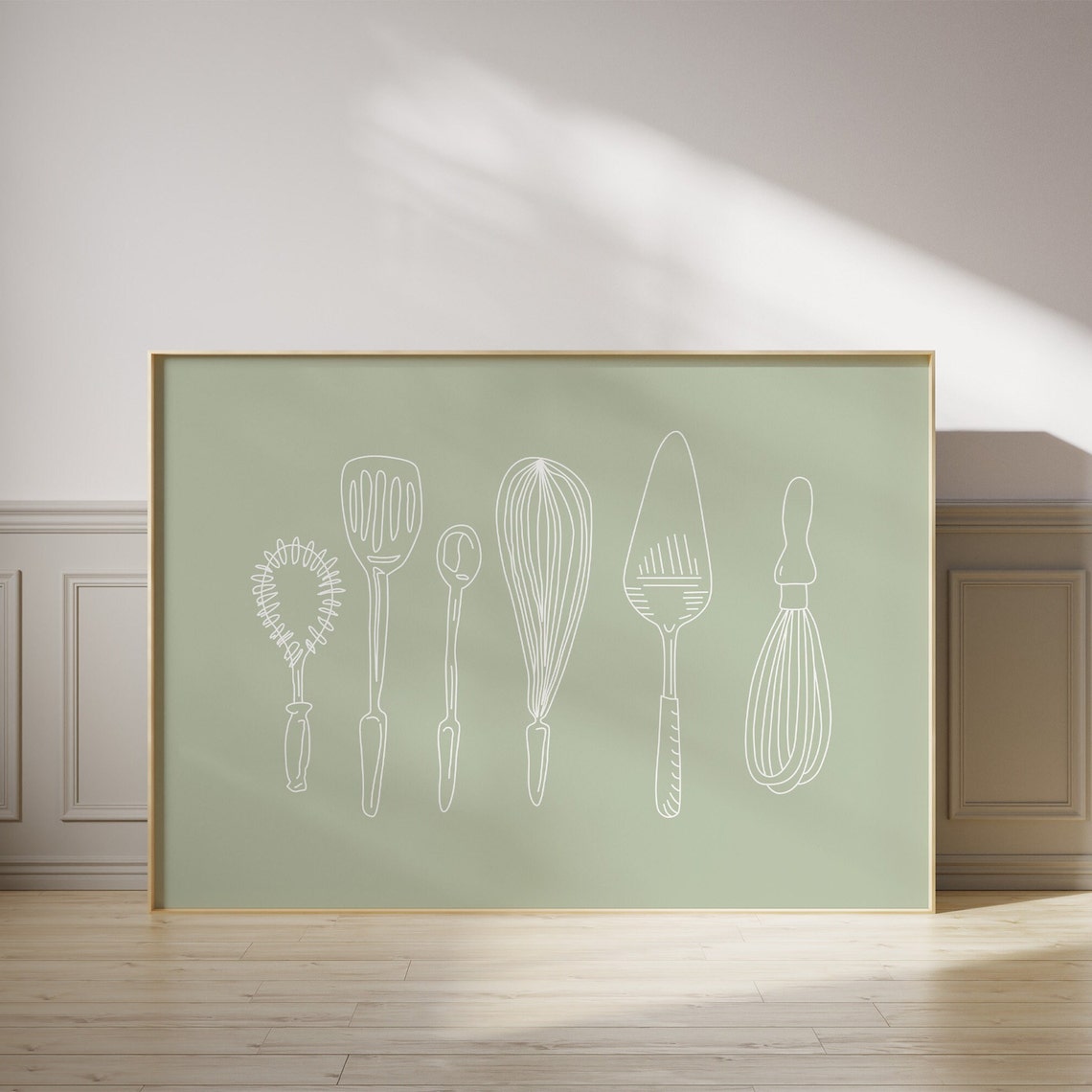 Sage Green Kitchen Utensils Line Art Baking Tools Minimalist Wall Art