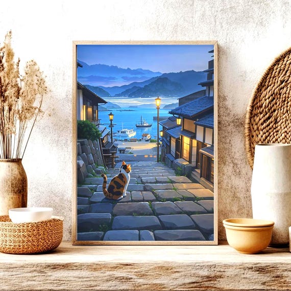 Calico Cat Art Peaceful Evening Harbor Stone Path Poster Nostalgic Seaside Print Unique Historic Fishing Village View