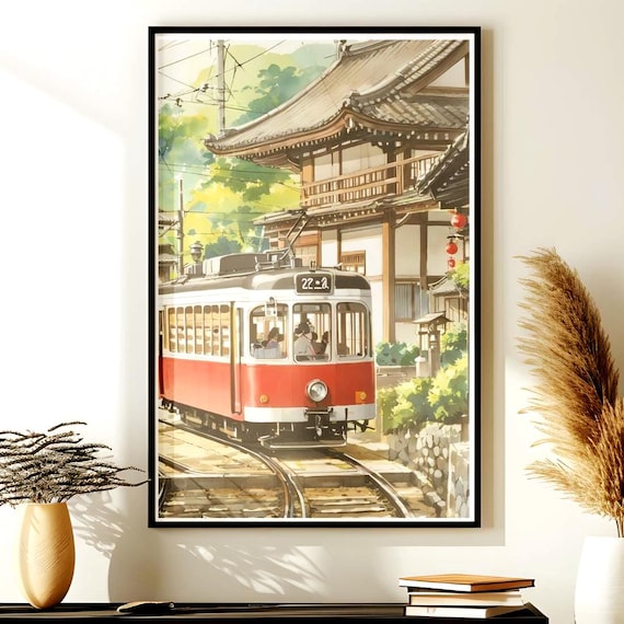 Charming Vintage Japanese Tram Temple Anime Style Travel Wall Art
