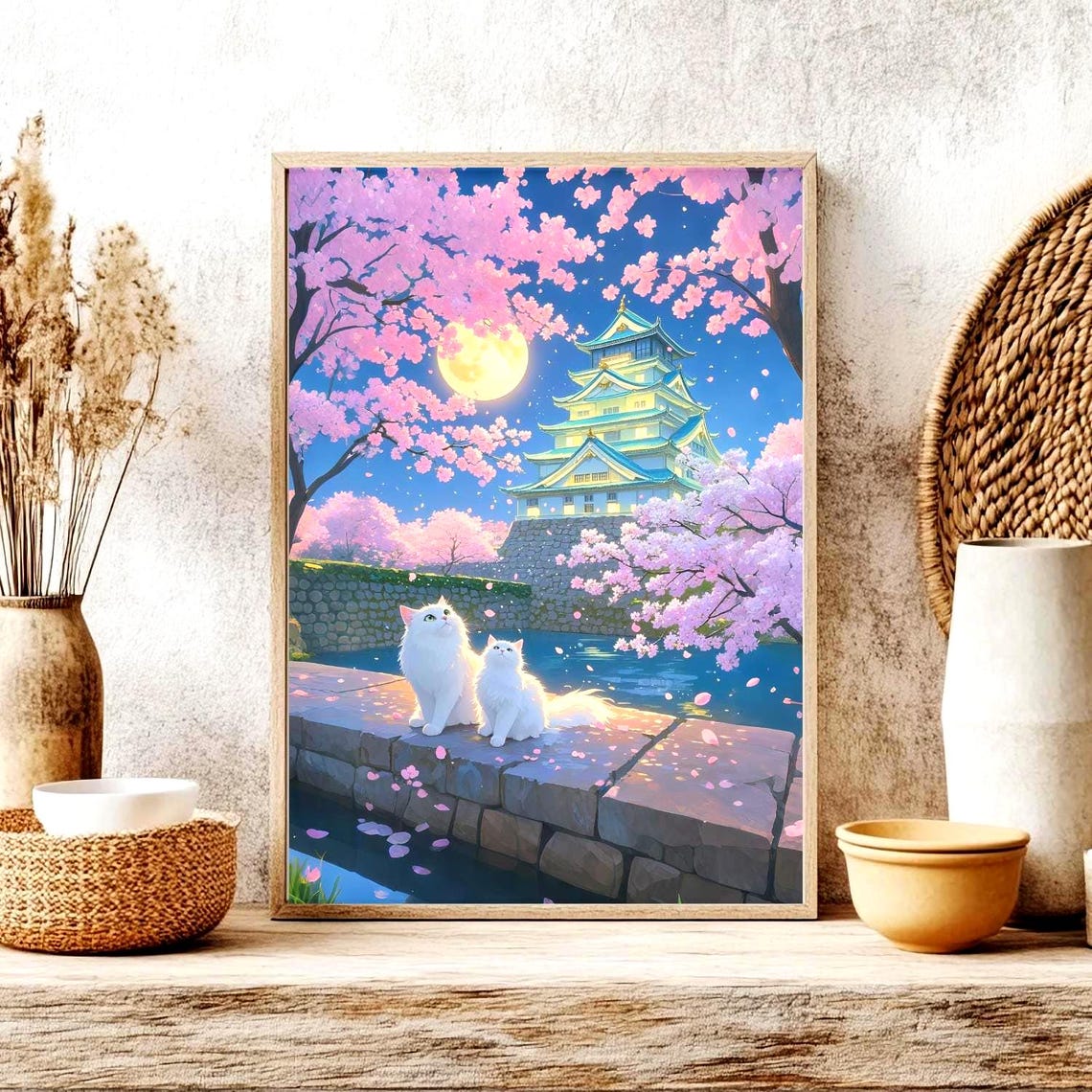 White Cats Under Cherry Blossoms At Osaka Castle Night Poster