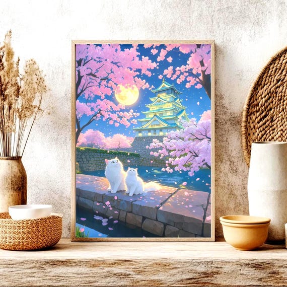 White Cats Under Cherry Blossoms At Osaka Castle Night Poster
