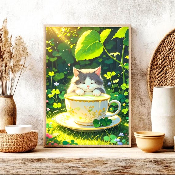 Sleeping Kitten Curled in a Teacup in a Sunny Clover Garden Poster