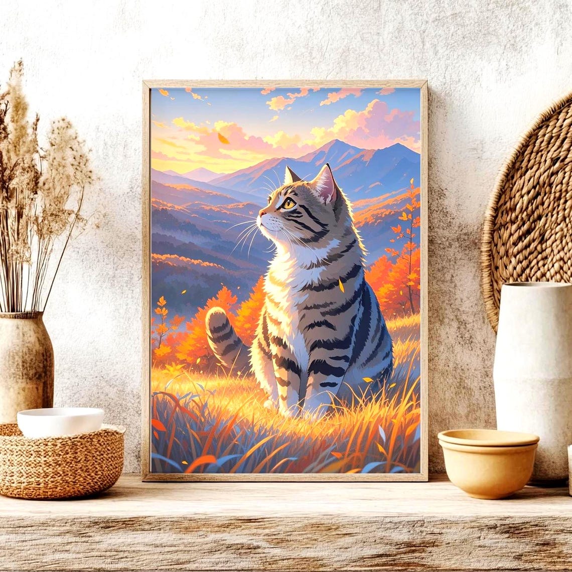 Tabby Cat In Golden Grass With Autumn Mountain Sunset Poster